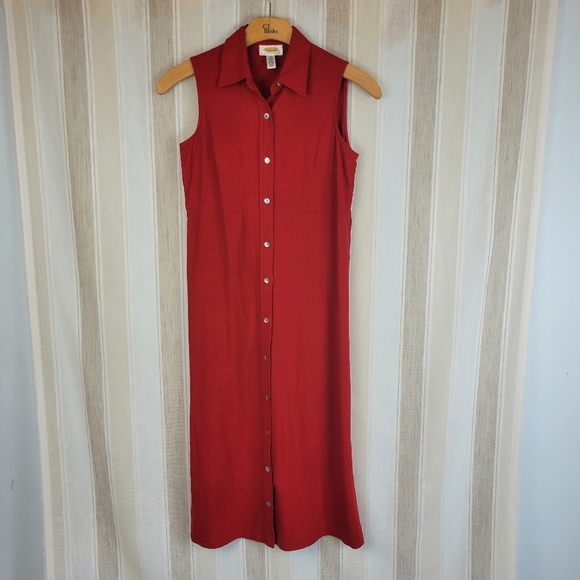 Vintage Talbots Linen Blend Button Front‎ Midi Dress Red Size 6 Petite Lagenlook - Picture 1 of 10